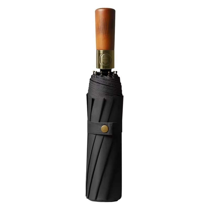 Guarda-chuva automático de 3 dobras com 10 costelas, cabo de madeira maciça, proteção UV com revestimento preto